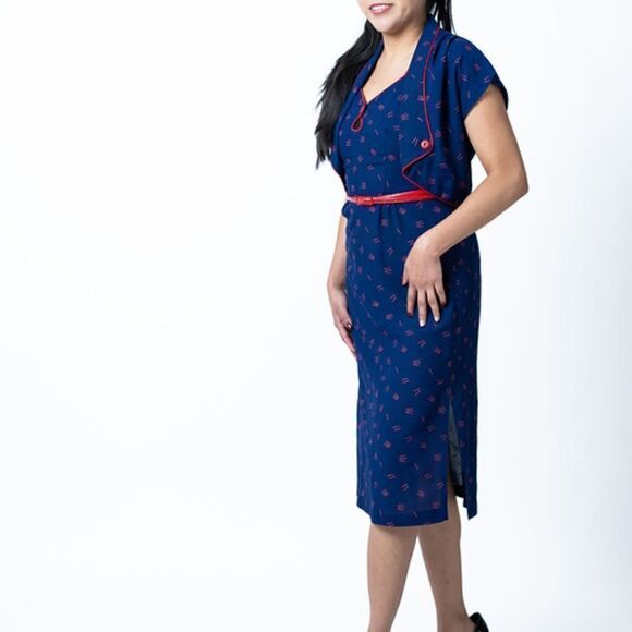 Young Edwardian Arpeja Dress Jacket Size 7 Vintage Blue Red Print Matchsticks - Picture 3 of 15